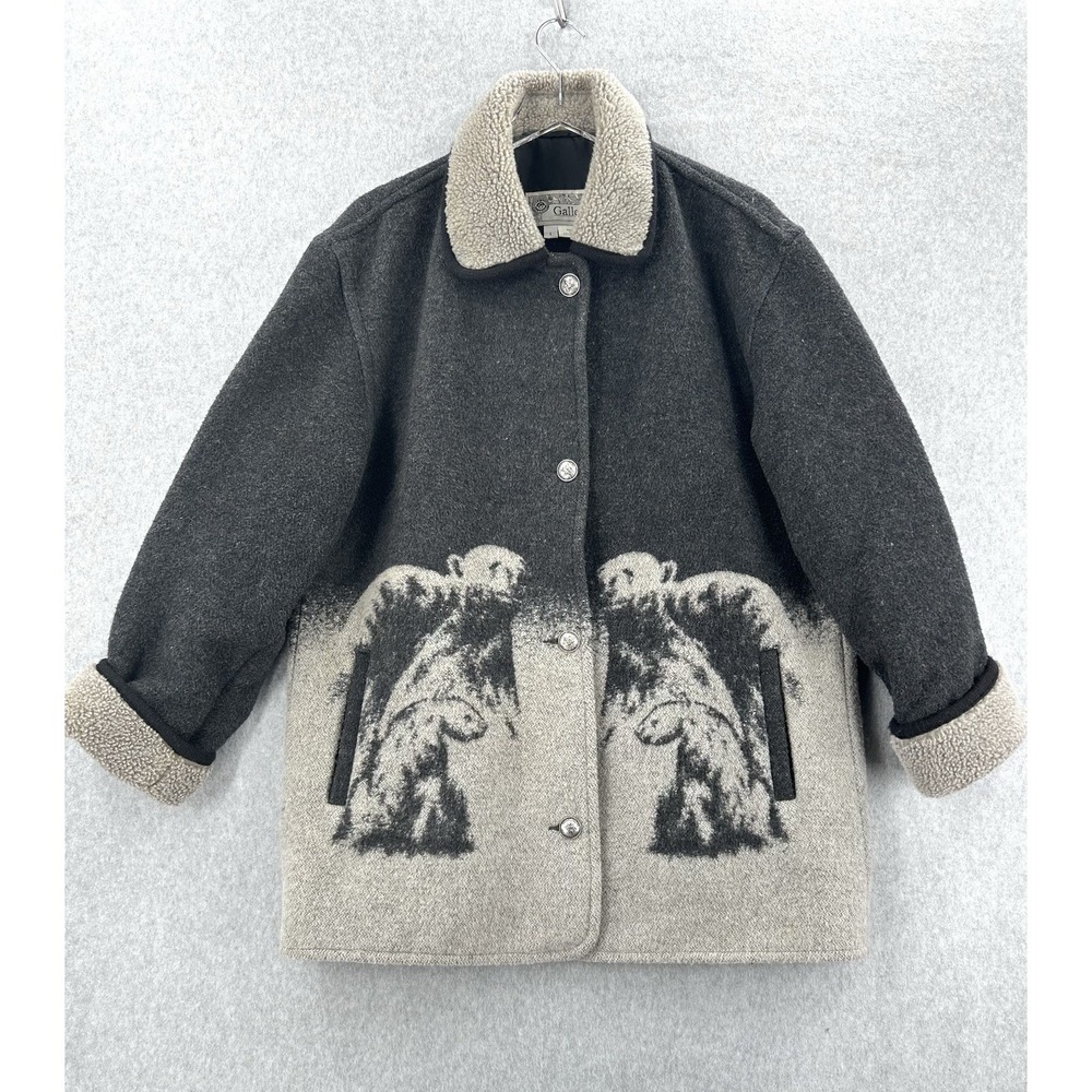 Vintage 80s Gallery Over Coat Gray Nordic Polar Bear Thick Jacket Pockets Large